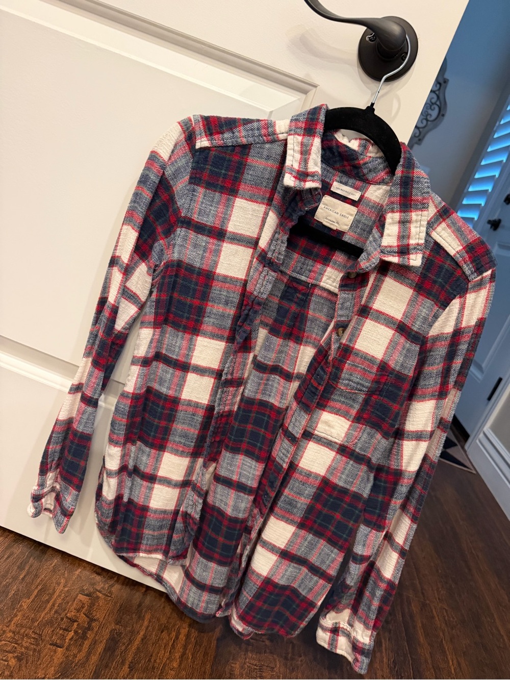 American Eagle Plaid Button-Down Shirt - Navy, Red & White
